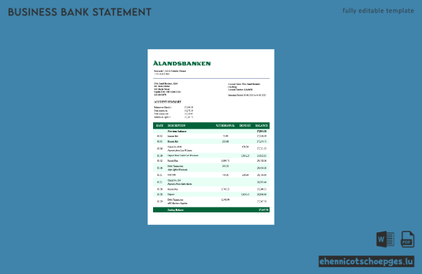 Aland Bank Firmenkontoauszug Word- und PDF-Beispielvorschau